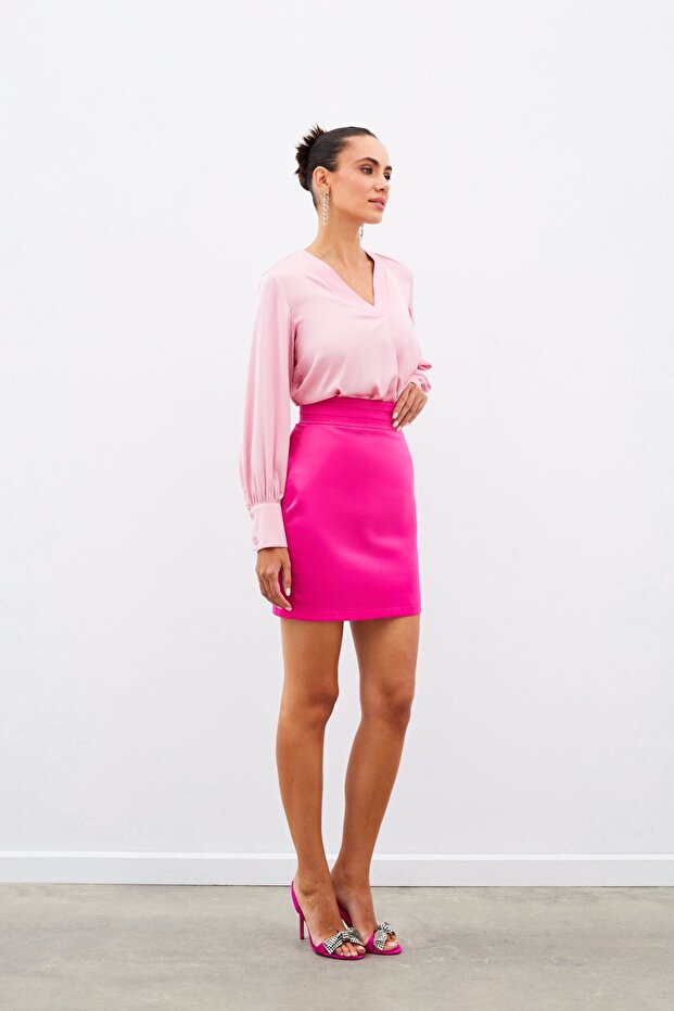 V-Neck Satin Blouse - Pink - 1