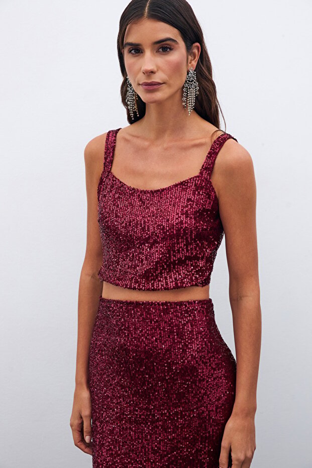 Payetli Crop Bluz - Bordo - 4