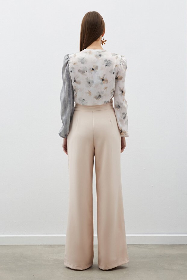 Double Patterned Double-Breasted Bodysuit Blouse - Gray - 6