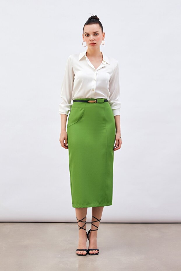 Light Green Midi Pencil Skirt - Belted