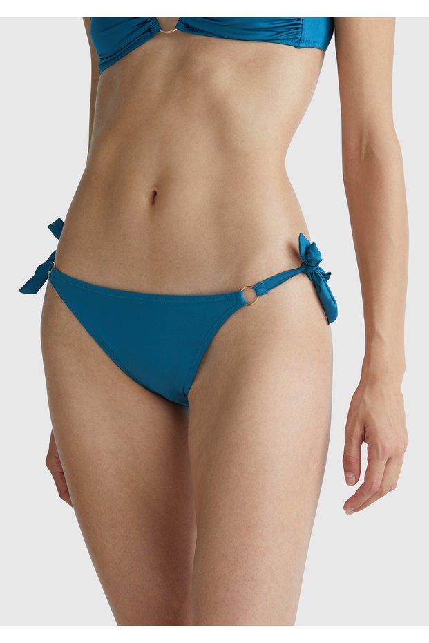Women's Petrol Blue Shiny Lycra Detailed Side Tie Brazilian Bikini Bottom