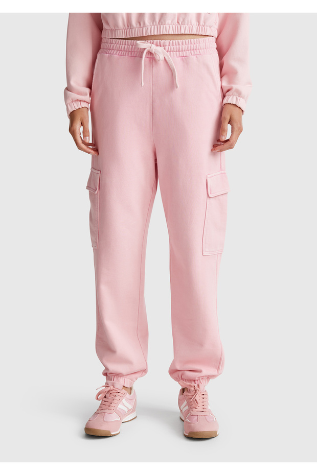 Women's Pink 100% Cotton Drawstring Waist Relax Fit Cargo Sweatpants