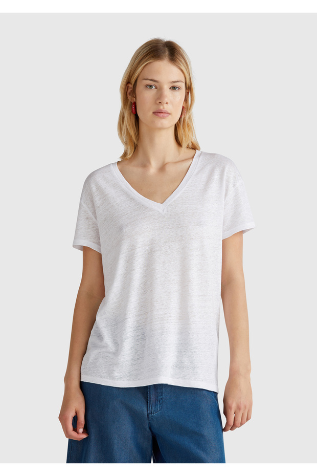 Women's White 100% Linen Off Shoulder Relax Fit V-Neck T-Shirt