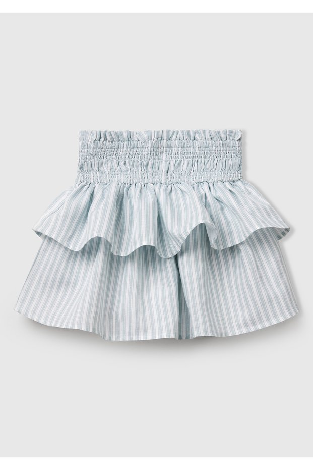 Girl's Green Linen Blend All Patterned Gathered Waist Layered Skirt