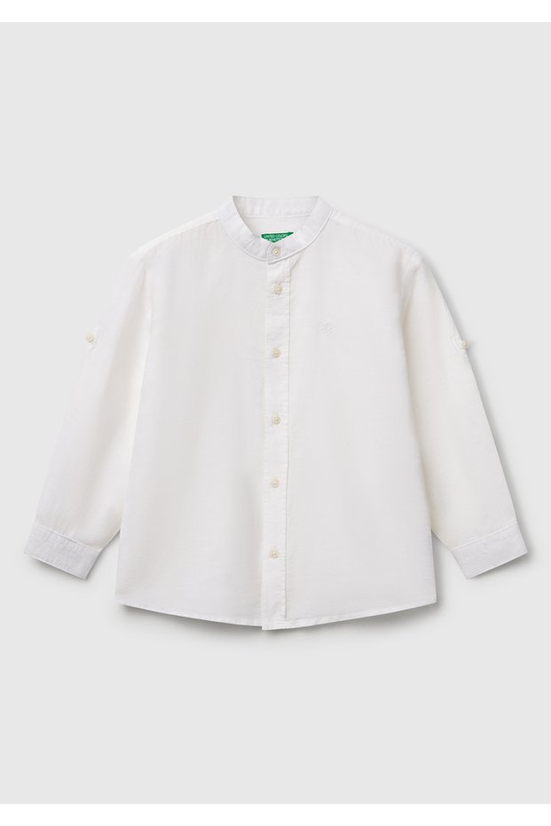 Boy's White Linen Blended Sleeve Curly Judge Collar Shirt