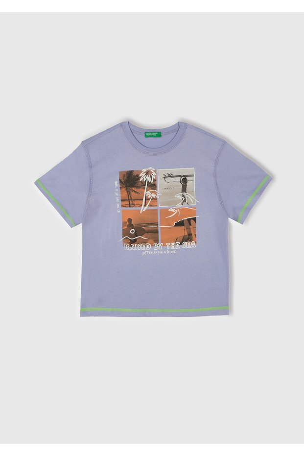 Boy's Purple Photo Printed Contrast T-Shirt with Embossed Detail