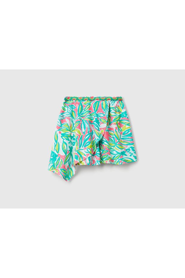 Girl's Green 100% Viscose Patterned Asymmetrical Flared Skirt with Elastic Waist