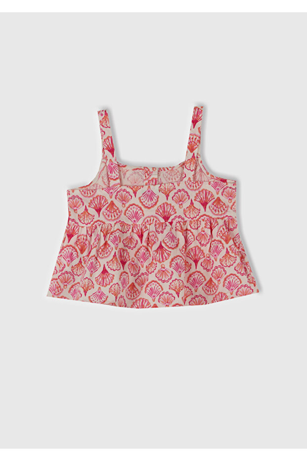 Girl's Pink Patterned Pleated Detailed Buttoned Front Strap Top