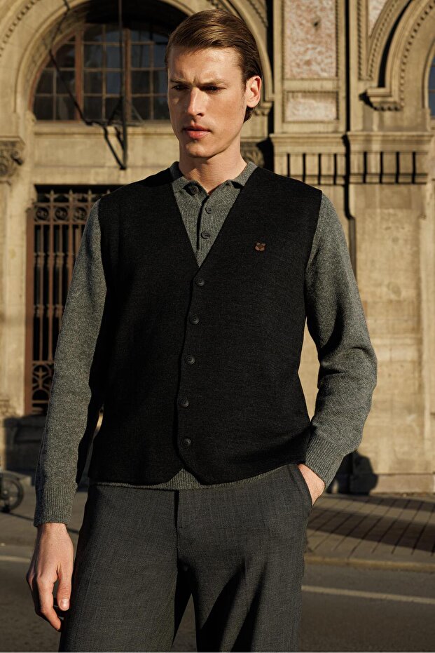 Men's V-Neck Plain Wool Vest Anthracite