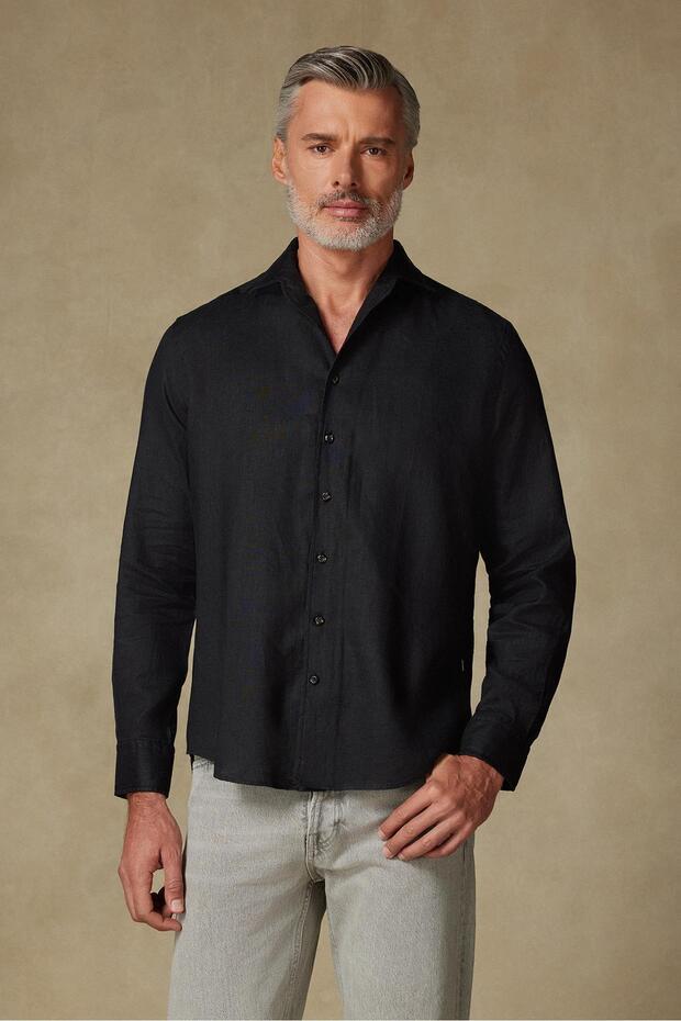 Bella Linen Linen Comfort Fit Black Mostra Collar Men's Plain Shirt