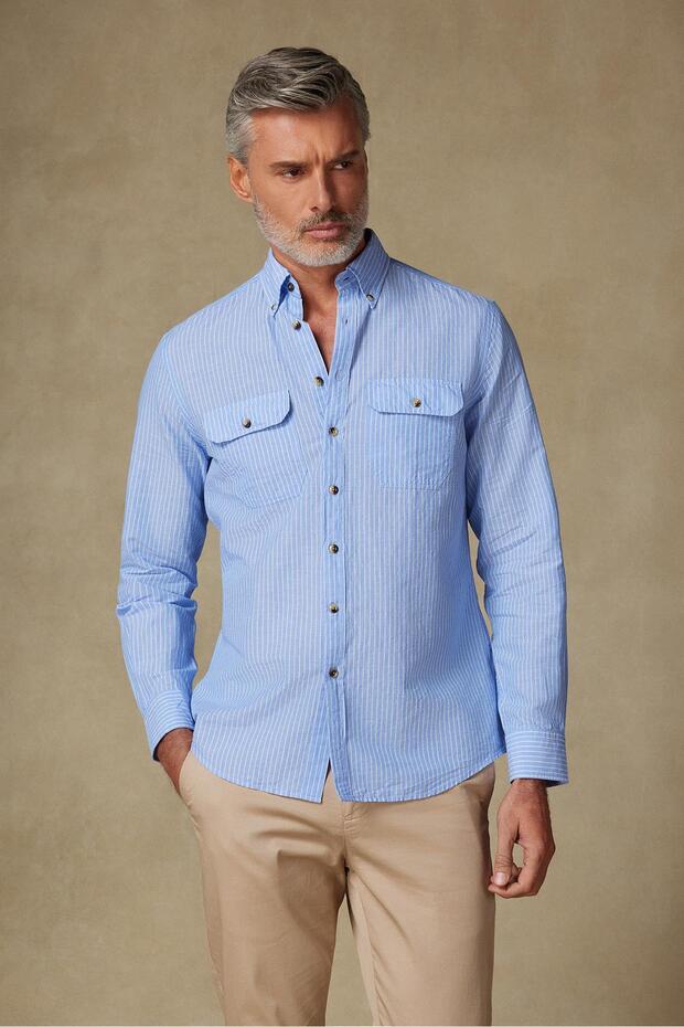 Alba Linen Cotton Linen Blended Comfort Fit Blue Button Collar Men's Striped Shirt