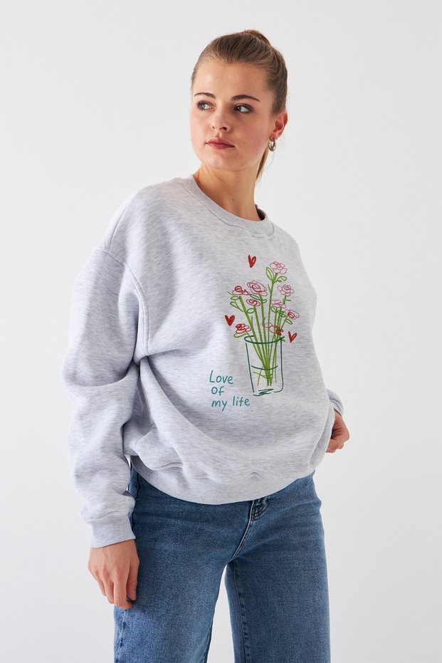 Women's Oversize Fit Sweatshirt Love of My Life Printed – Crew Neck, 3 Thread Fleece