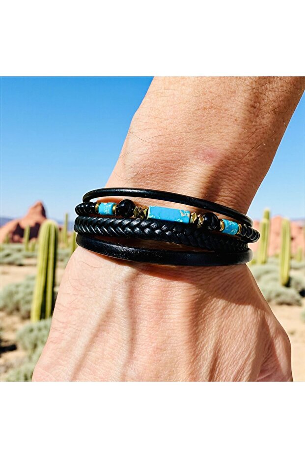 Genuine Leather Natural Stone Magnetic Clasp Black Color Men's Bracelet