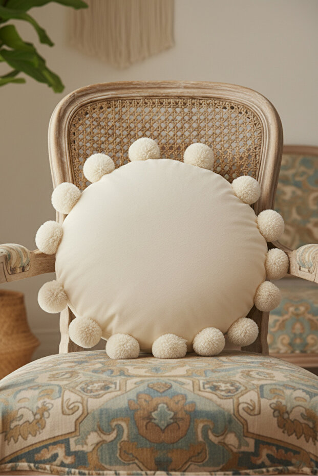 Beige Pompom Round Throw Pillow Cover - 1