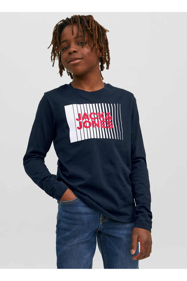 Boy's Navy Blue T-Shirt - Jjecorp Logo, Play Ls, O-Neck, Noo