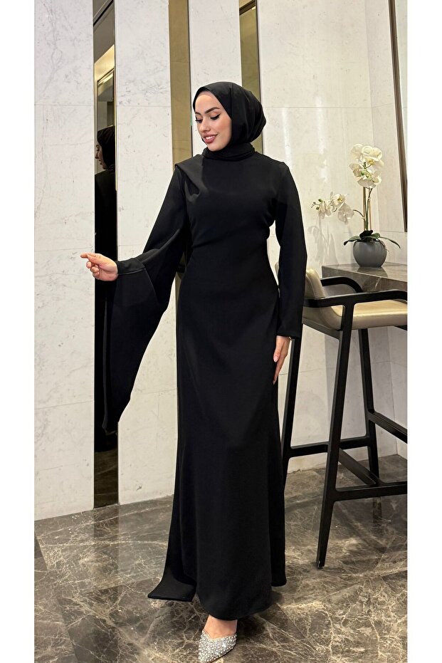 Draped Hijab Evening Dress with Tail Detail