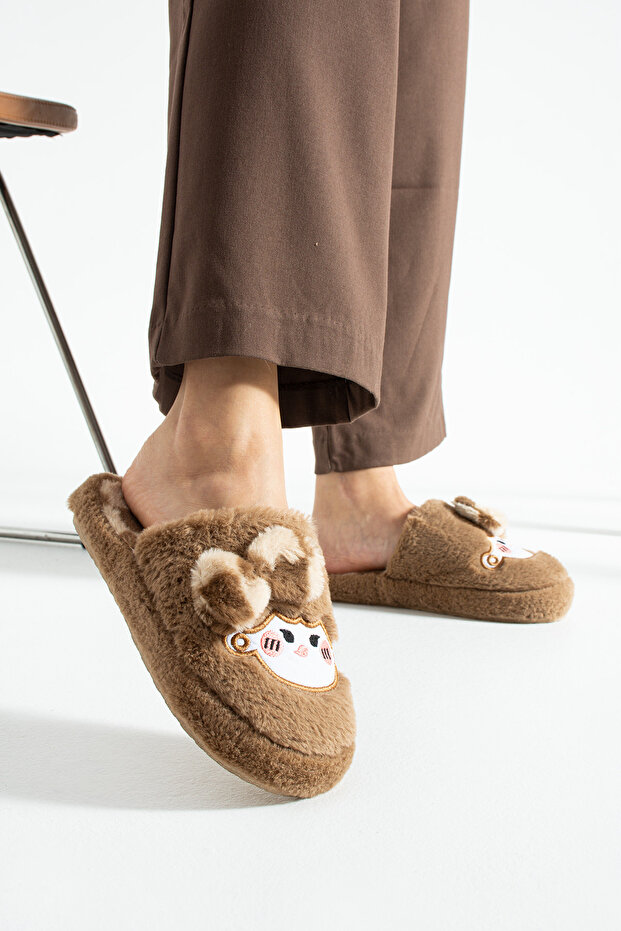 Taba Papyonlu Peluş Oyuncaklı Kışlık Kadın Terlik - 7