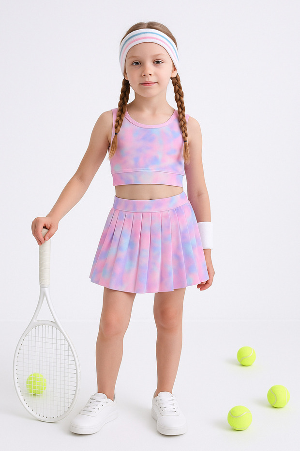Tie Dye Patterned Shorts Skirted Crop Girl's Athlete Suit