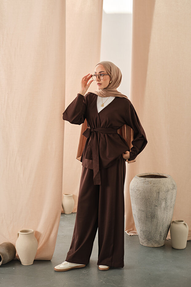 Women's Waist Tie Kimono Set Brown
