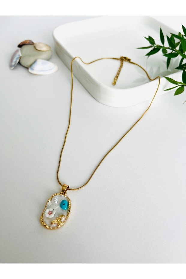 Stainless 316L Steel Vintage Flower Natural Stone Painting Thin Italian Chain Gold Necklace (Vip Item)