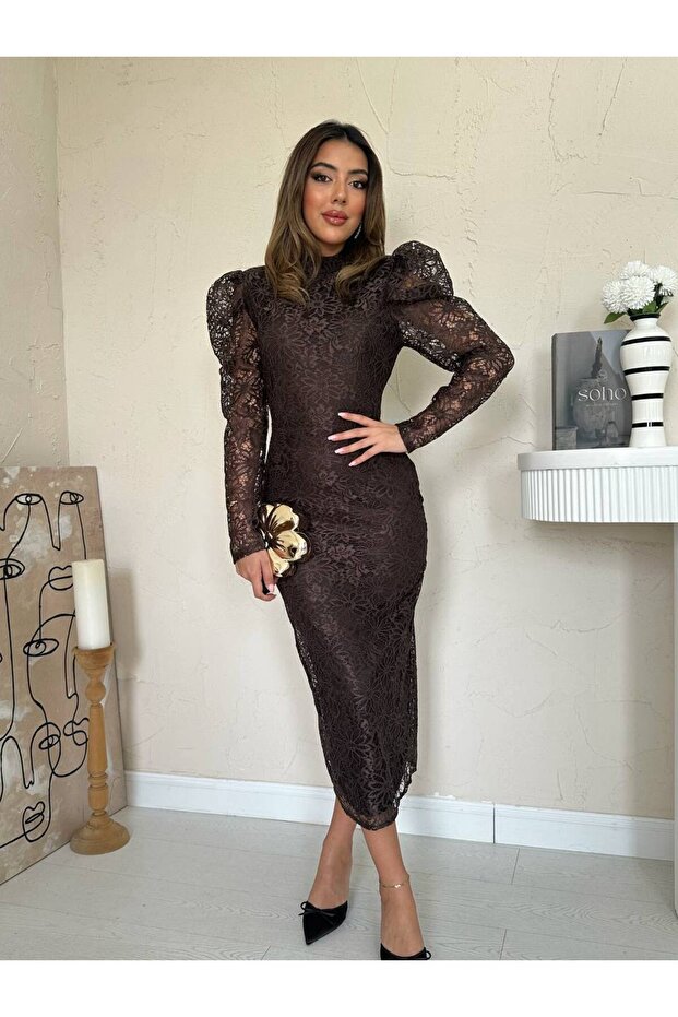 Güpür Detaylı Dantel Elbise - 2