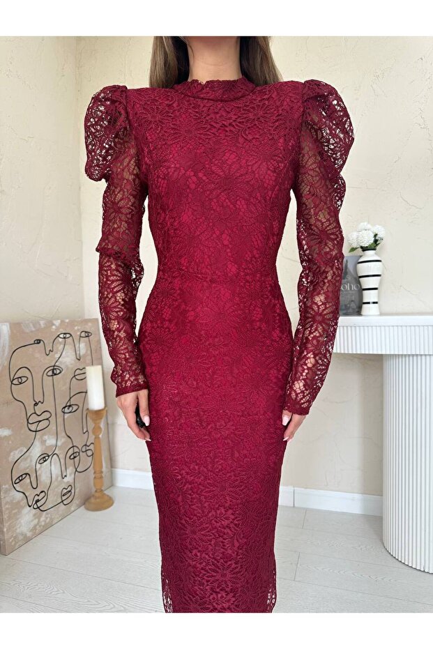 Güpür Detaylı Dantel Elbise - 2