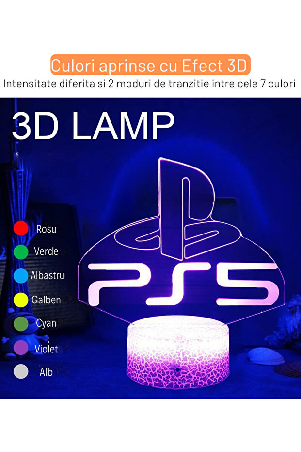 3D LED gaming lamp with optical illusion and base with touch control, USB or batteries PS5 model - 1