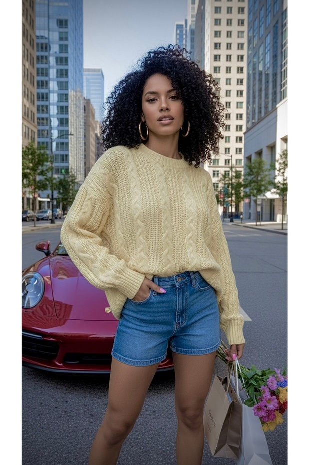 Bisiklet Yaka Örme Oversize Sarı Triko Kazak - 5