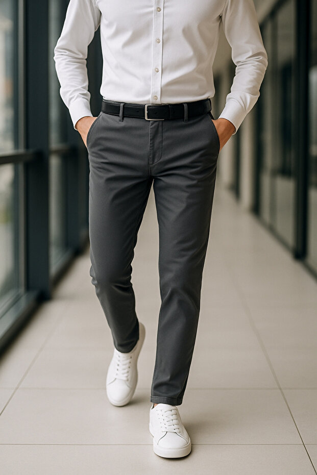 Men's Lycra High Waist Regular Fit Loose Fit Chino Classic Trousers with Side Pockets