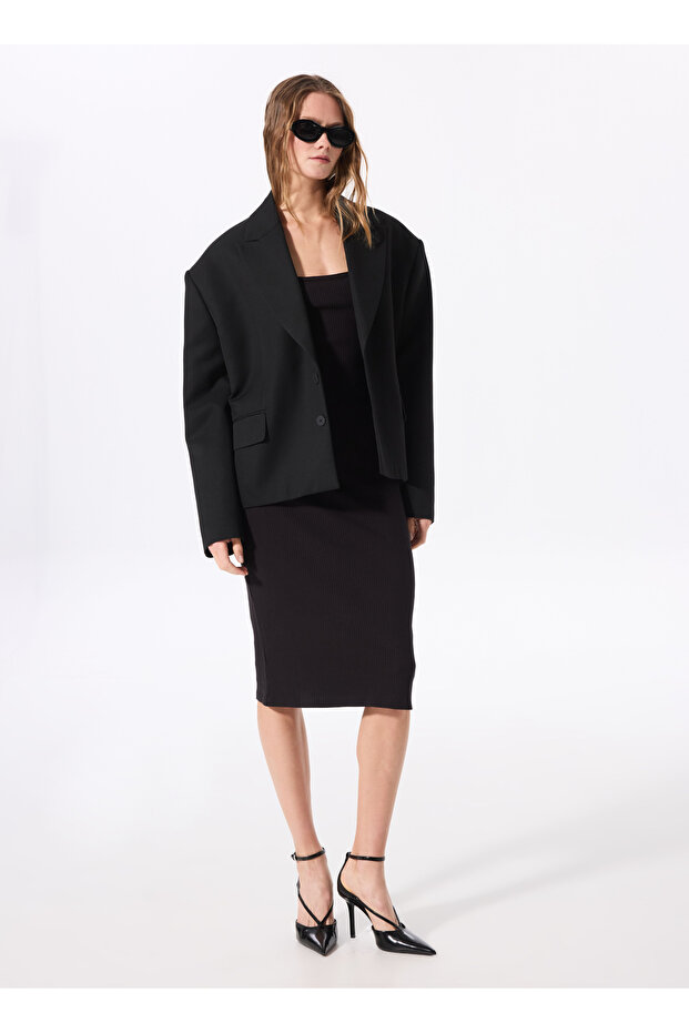 Siyah Kadın Kare Yaka Basic Elbise MARSE - 1