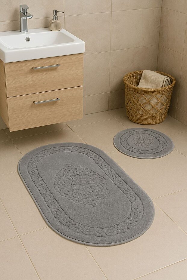 Cotton Oval Bath Mat Set of 2 Gray 60*100 & 50*60