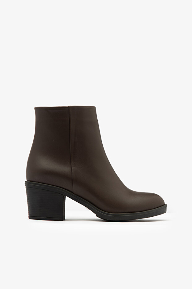 Brown Genuine Leather Side Zipper Heeled Women's Boots