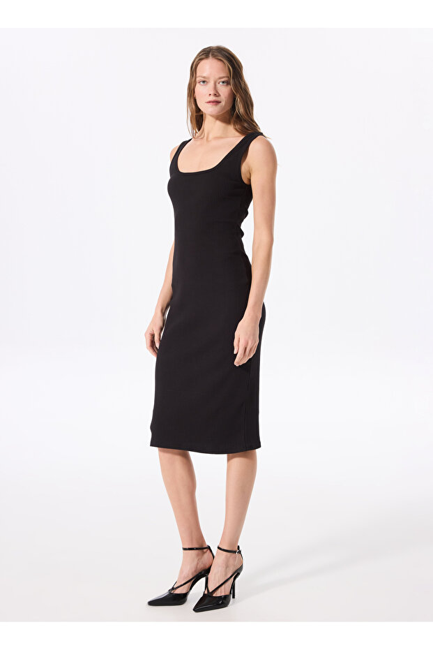 Siyah Kadın Kare Yaka Basic Elbise MARSE - 3