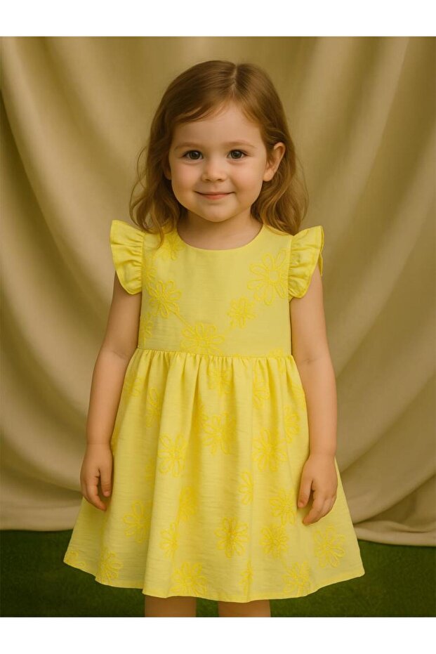 Çiçek Nakışlı 2-5 Yaş Elbise - Sarı5-6 Yaş - 2
