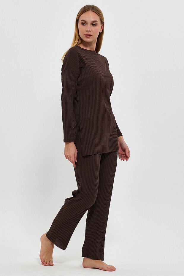 Women's Brown Women's Ribbed Report & Sweatpants, Casual Home Wear Pajamas Set