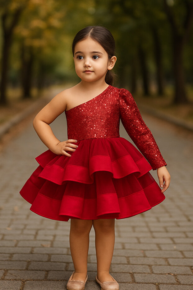 Tek Omuz Askılı Kız Çocuk Abiye Gece Elbisesi Kırmızı - 1