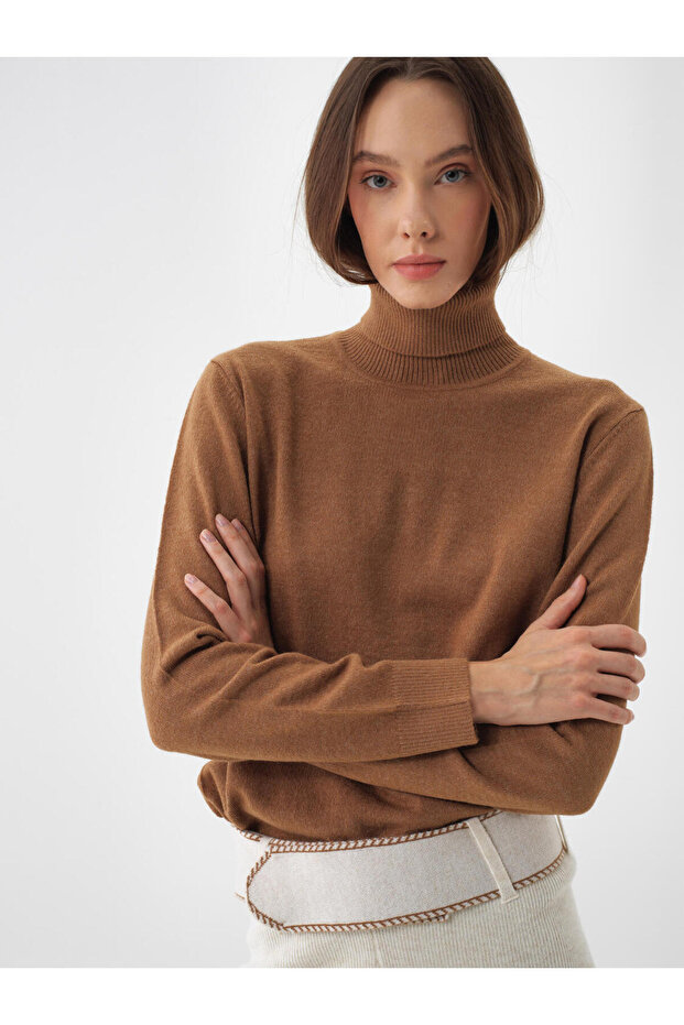 Kadın Camel Yünlü Basic Balıkçı Yaka Kazak - 1