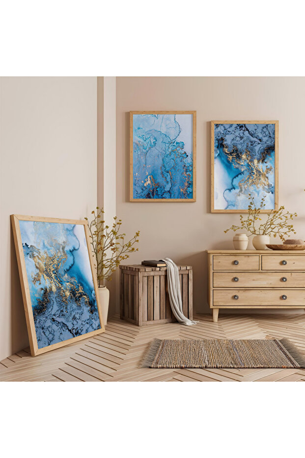 Blue Waves with Wooden Frame Modern Triple Wooden Painting Set