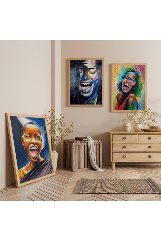 Wooden Framed African Women Triple Wooden Painting Set