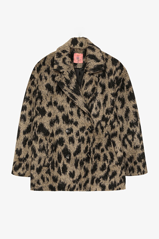 معطف كبير الحجم بنقشة الفهد ذو أزرار مزدوجة باللون البيج - 2