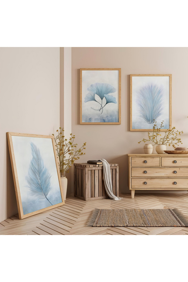Blue Touch Triple Wooden Painting Set with Wooden Frame