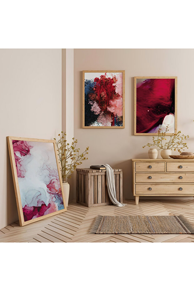 Wooden Framed Red Ahenk Triple Wooden Painting Set