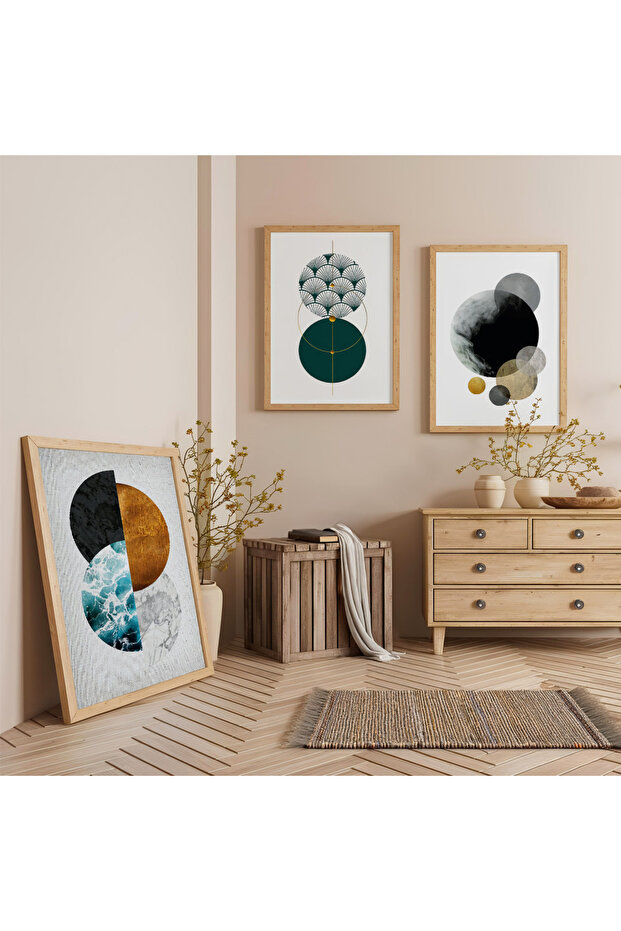 Wooden Framed Celestial Bodies Triple Wooden Painting Set