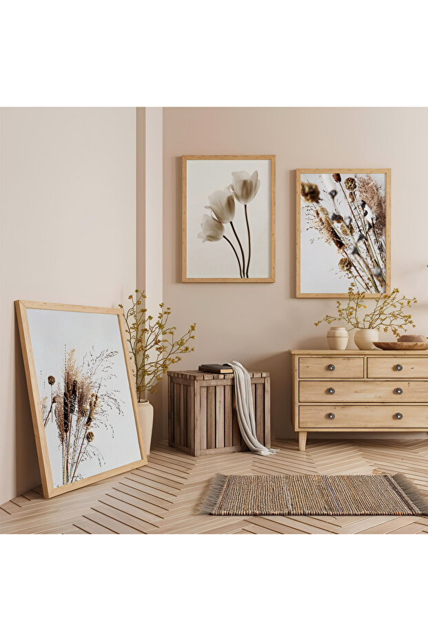 White Flower Modern Triple Wooden Painting Set with Wooden Frame