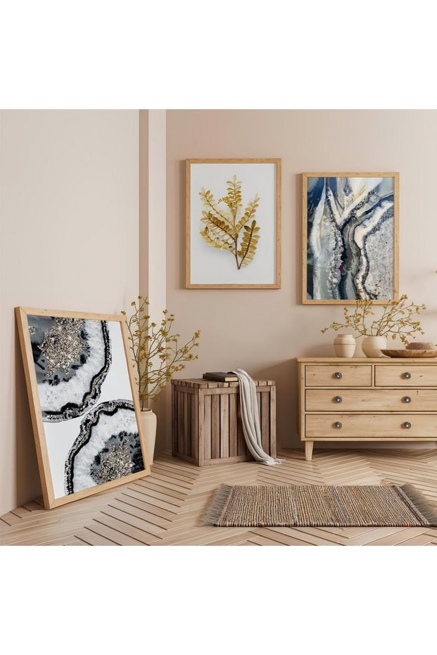 Wooden Framed Rock and Flower Triple Wooden Painting Set