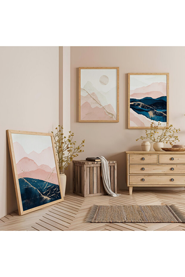 Wooden Framed Pink Horizons Triple Wooden Painting Set