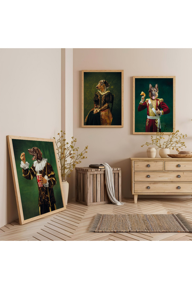 Wooden Framed Royal Dogs Triple Wooden Painting Set