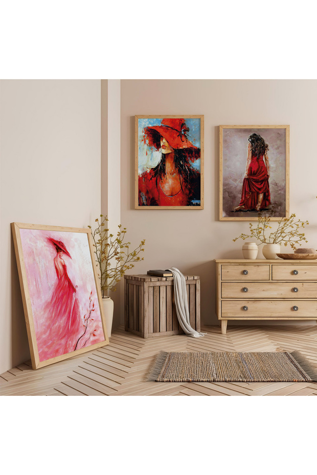 Wooden Framed Red-Dressed Woman Themed Triple Wooden Painting Set