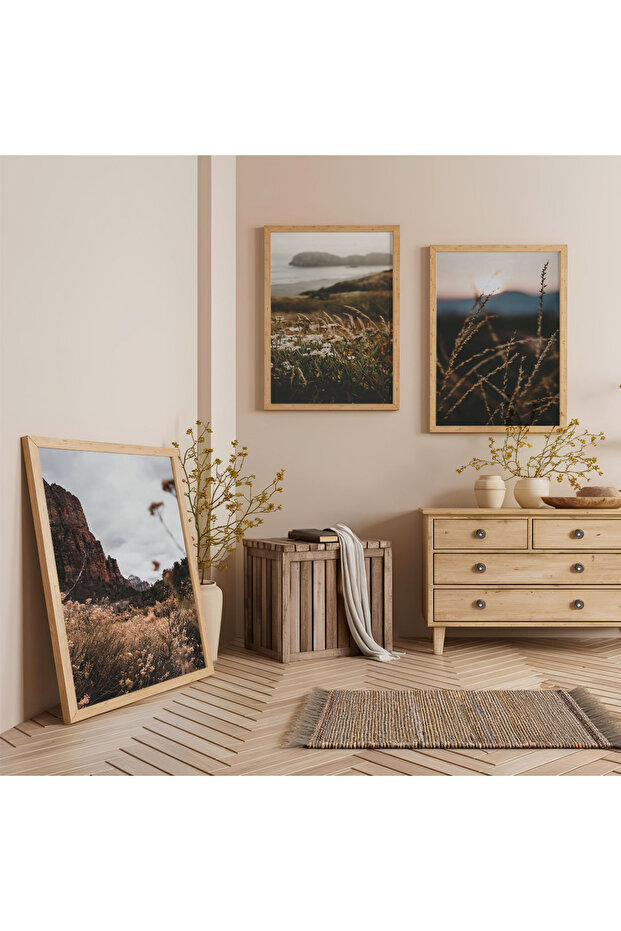 Natural Scenery with Wooden Frame Triple Wooden Painting Set