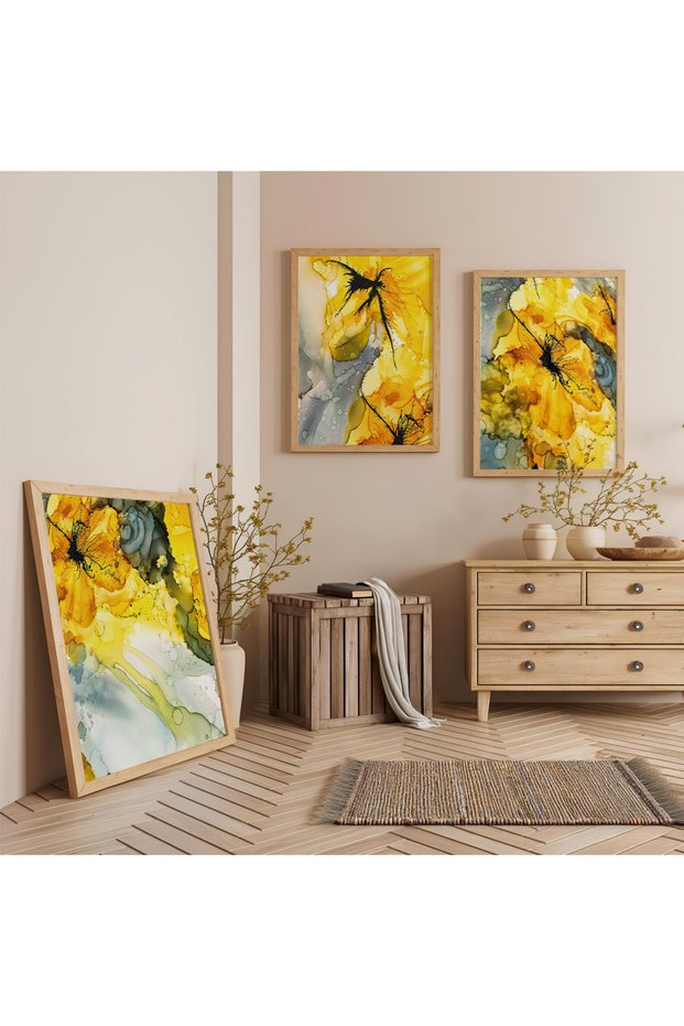 Wooden Framed Gold Flower Triple Wooden Painting Set
